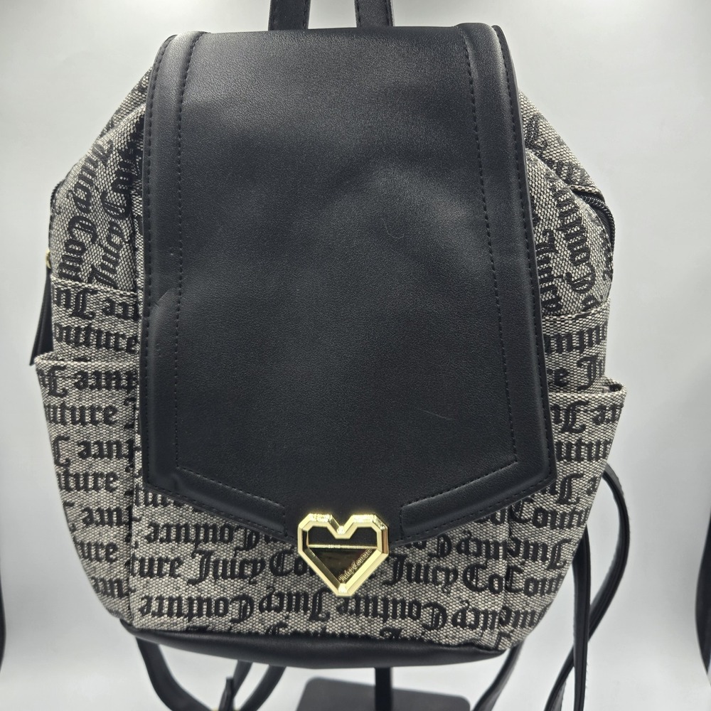 Juicy Couture Mini Backpack Blk Gry Monogram Gold Tone Heart Clasp W Zipper